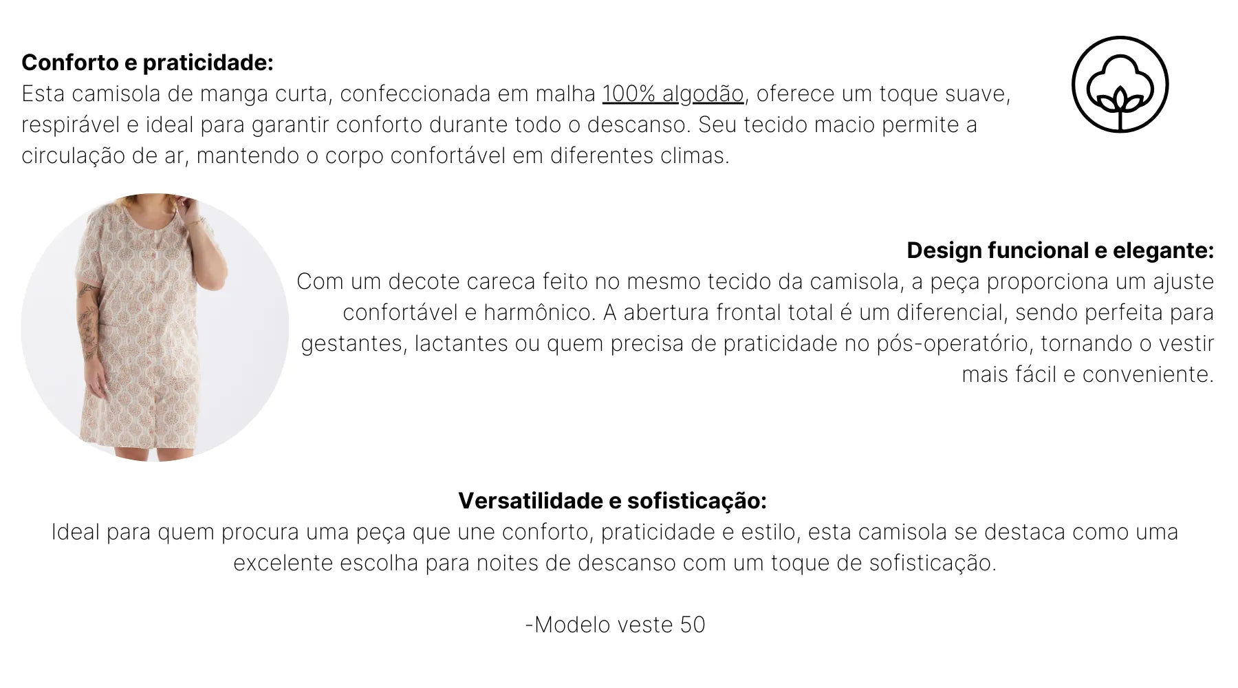 Camisola Meia Manga Abertura Frontal Plus Pzama® 090225