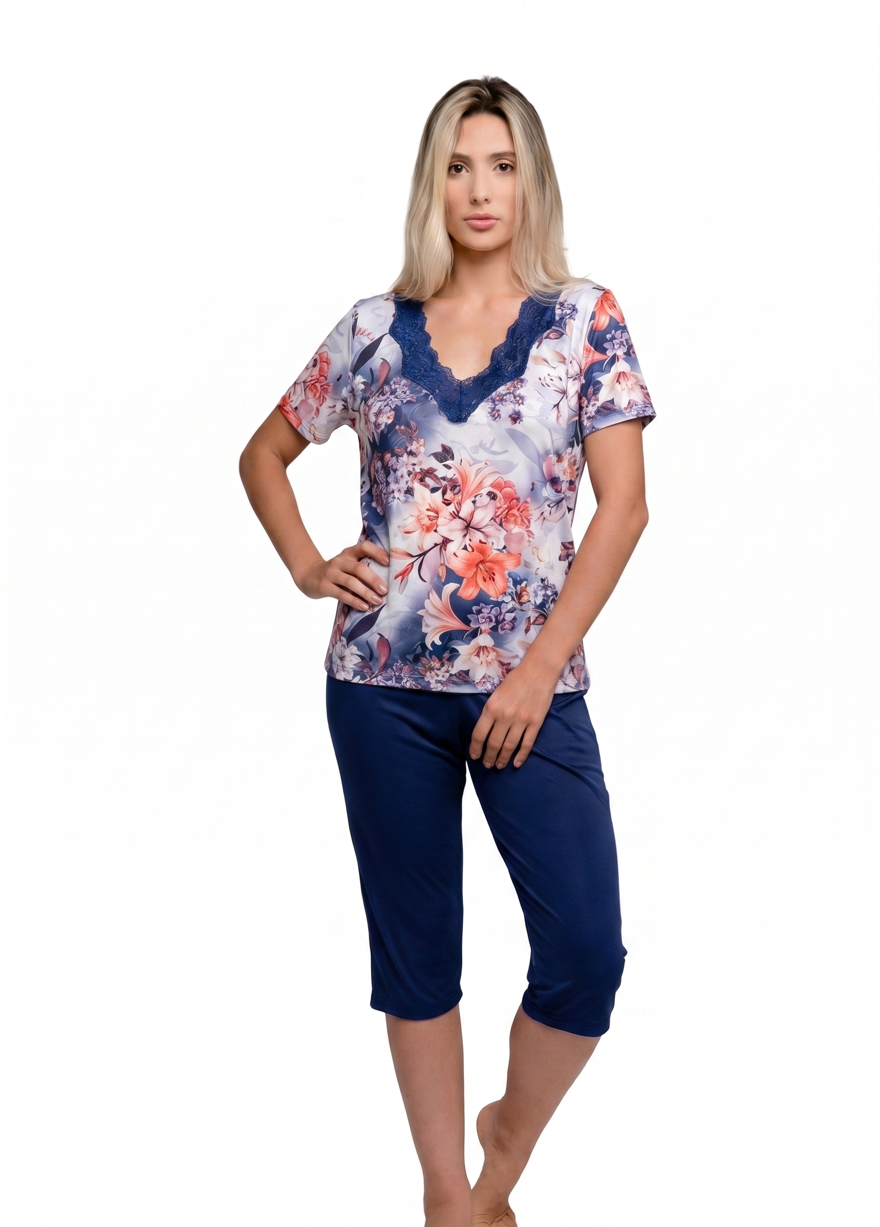 Pijama Meia Manga com Capri Estampada com Renda – Maria Cândida® 10569 - 538E-SAIRAME