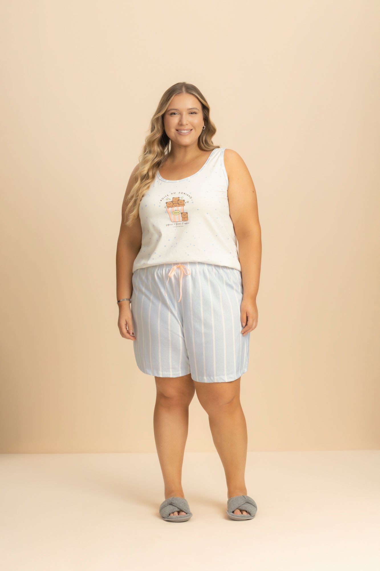 Pijama Plus Regata com Bermuda Algodão Composê Listrado – Lua Encantada® 10940044