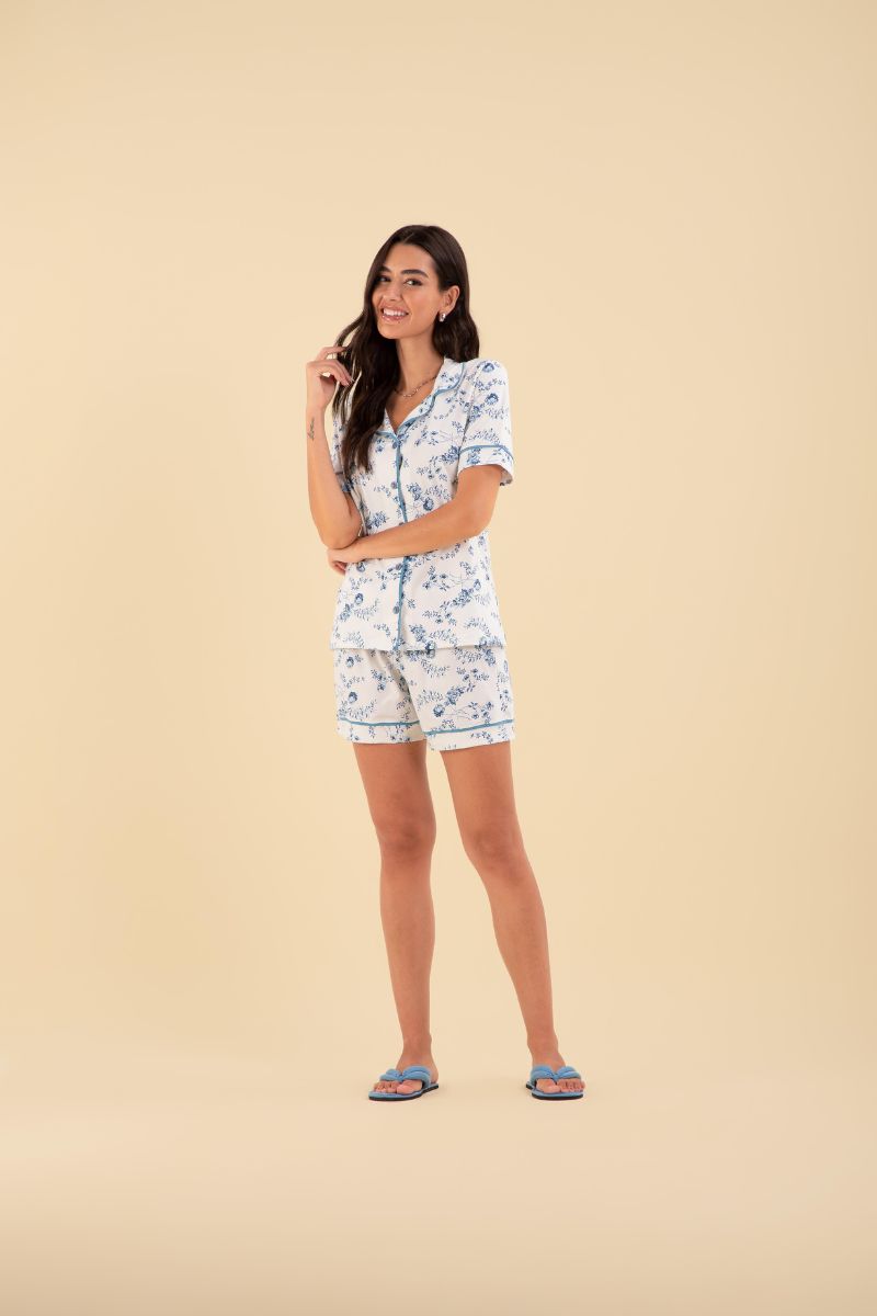 Pijama Básico Americano Meia Manga com Short Algodão Flora – Sensare® 130084