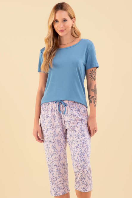 Pijama Senhora Meia Manga com Capri Microfibra Floral – Sensare® 130206