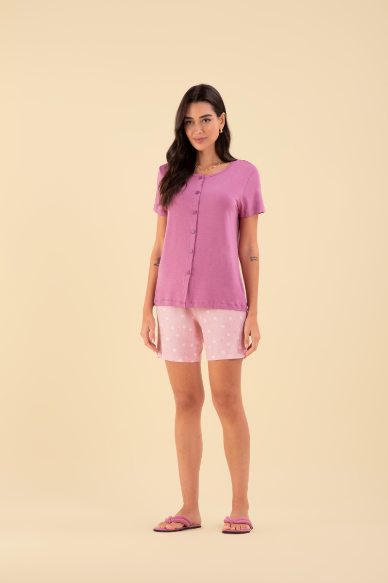 Pijama Básico Meia Manga com Bermuda Aberto Viscolycra Poá Rosa – Sensare® 130151