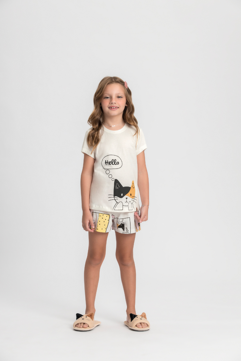 Pijama Infantil Meia Manga com Short Algodão Meow Kitty – Mensageiro dos Sonhos® 0132136
