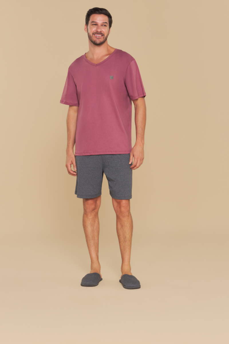 Pijama Masculino Meia Manga com Bermuda em Algodão Vinho e Cinza – Sensare® 130271