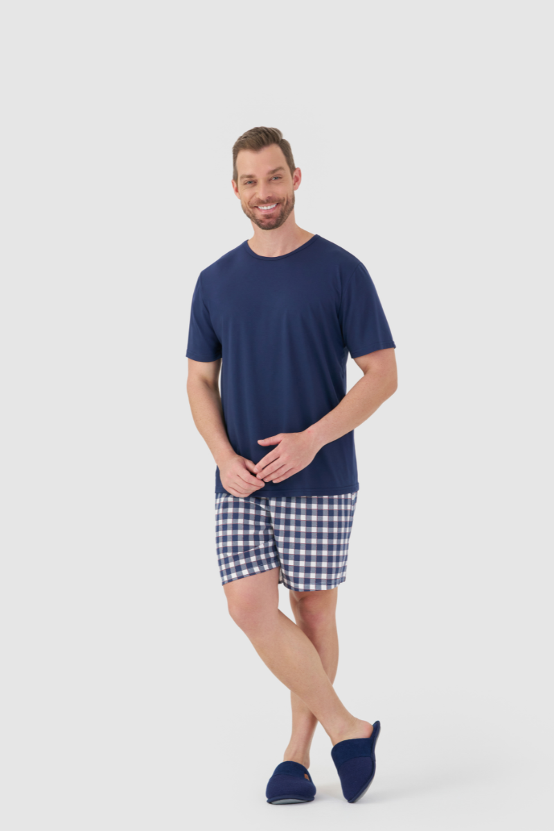 Pijama Masculino Meia Manga com Bermuda em Meia Malha Xadrez Marinho – Mensageira da Paz® 033500