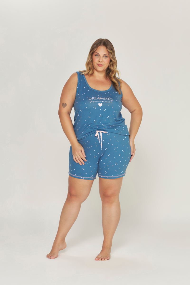 Pijama Regata com Short Plus Size Peach Touch Coração Fundo Azul – Dunid® 01.1.0468