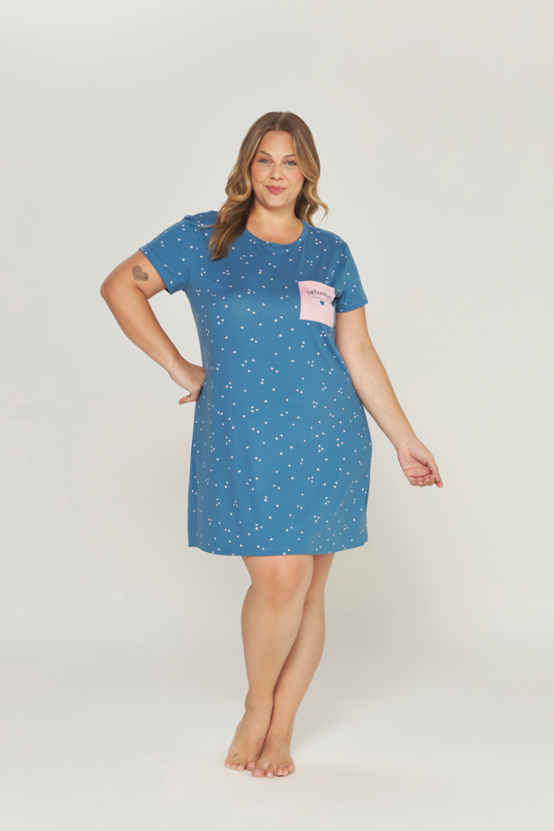 Camisola Meia Manga Plus Size Peach Touch Coração Fundo Azul – Dunid® 01.1.0469