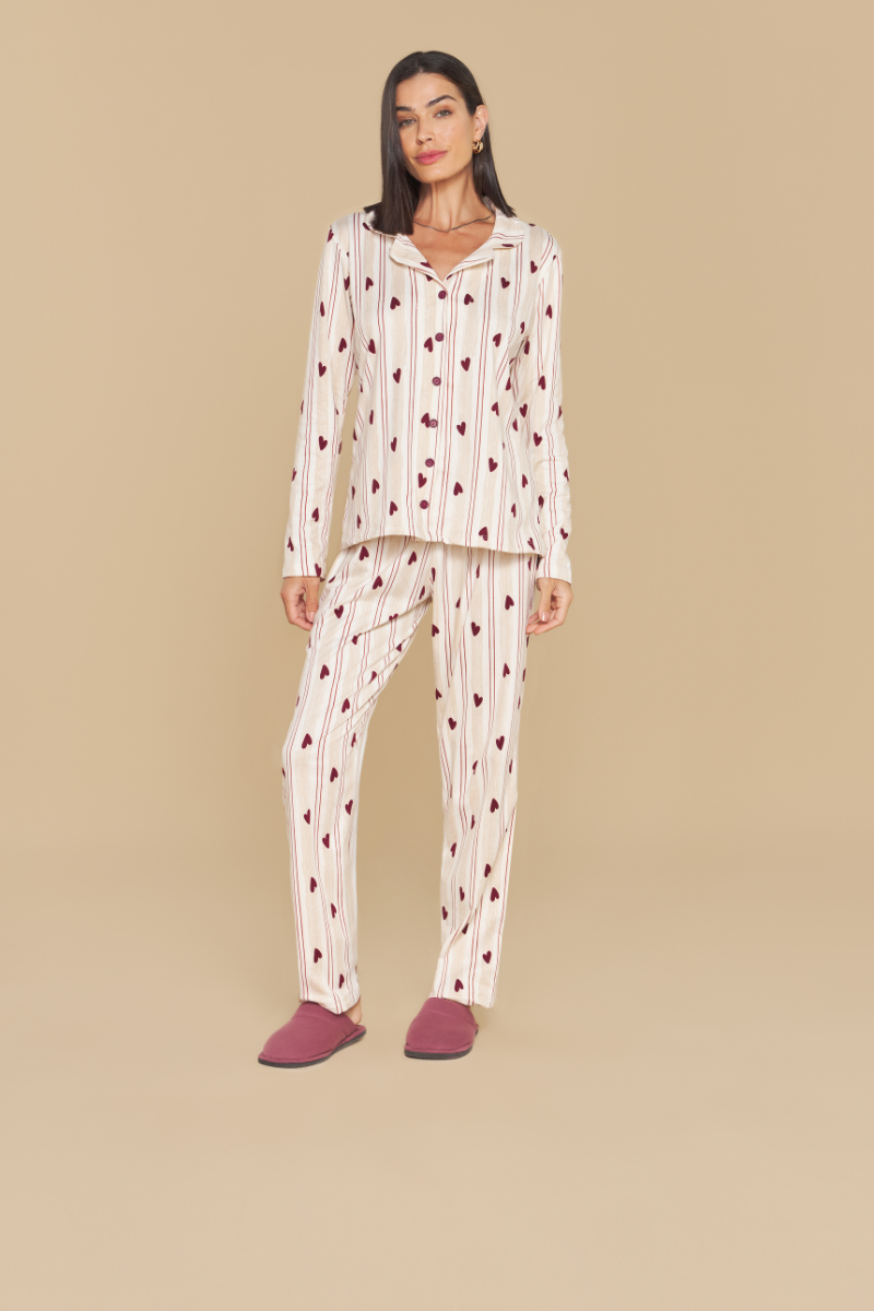 Pijama Jovial Americano Manga Longa com Calça em Malha Peletizada Peluciada Heart Corações – Sensare® 140147