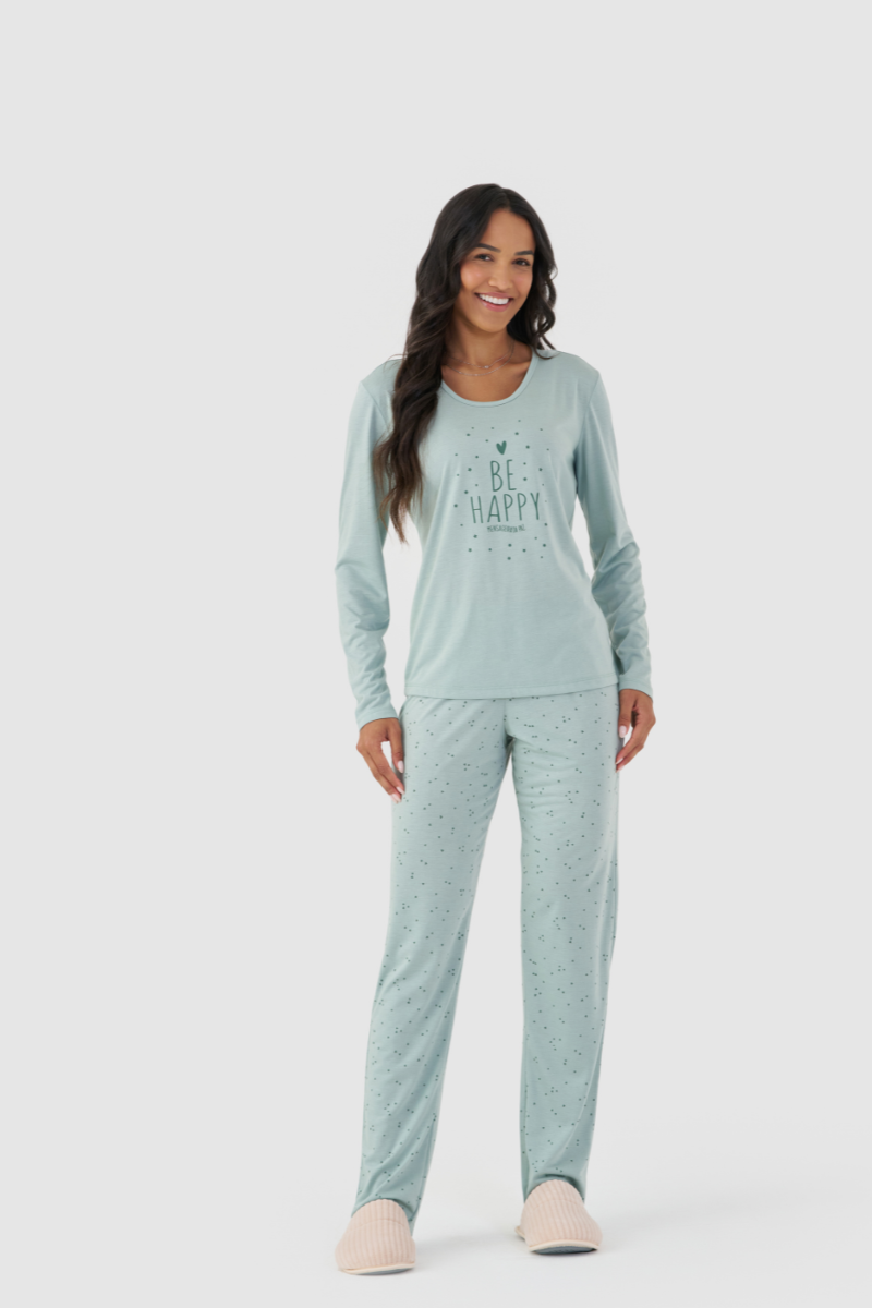 Pijama Básico Manga Longa com Calça em Meia Malha Be Happy Verde Suave – Mensageira da Paz® 034187