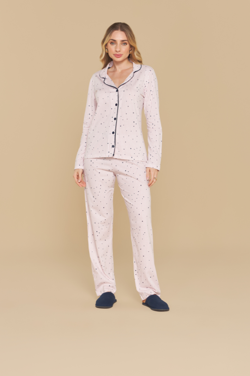 Pijama Básico Americano Manga Longa com Calça em Algodão Shine Rosa Listrado – Sensare® 140226