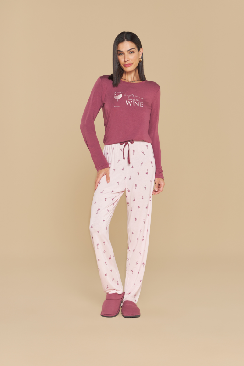 Pijama Jovial Manga Longa com Calça em Viscolycra Wine – Sensare® 140209