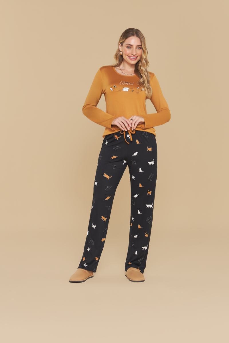 Pijama Jovial Manga Longa com Calça em Malha Peletizada Cats – Sensare® 140173