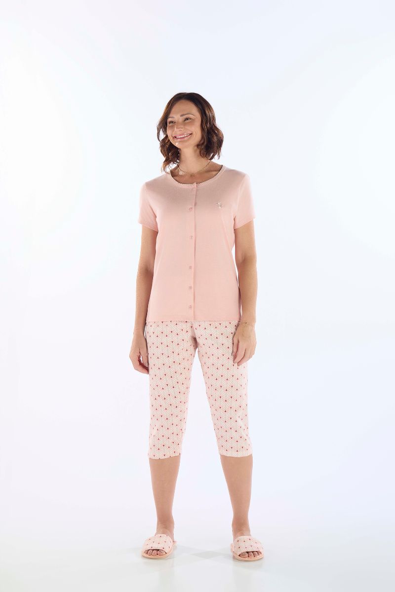 Pijama Manga Curta Abertura Frontal Em Meia Malha Com Capri – Pzama® 050306