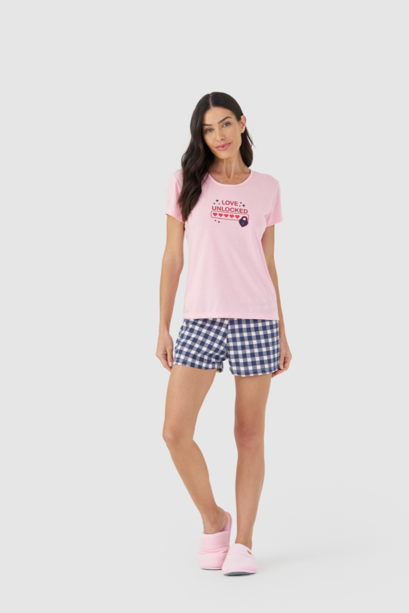 Pijama Básico Meia Manga com Short em Meia Malha Amor Desbloqueado – Mensageira da Paz® 033499