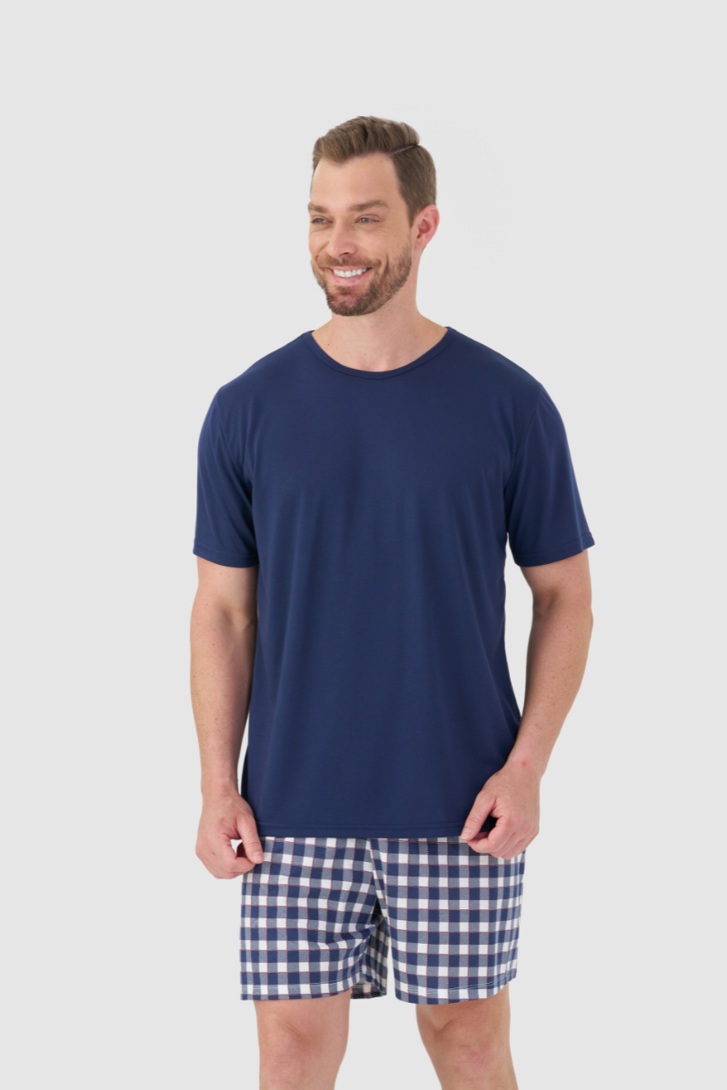 Pijama Masculino Meia Manga com Bermuda em Meia Malha Xadrez Marinho – Mensageira da Paz® 033500