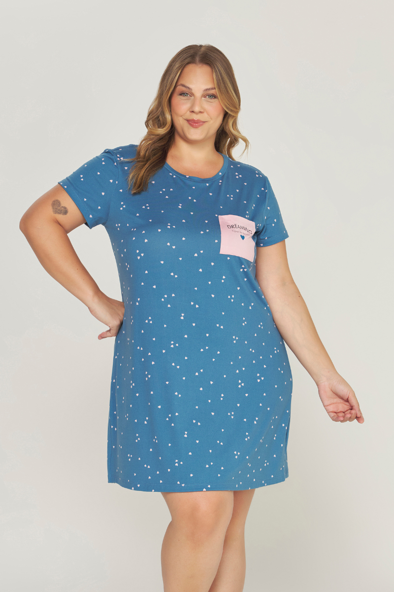 Camisola Meia Manga Plus Size Peach Touch Coração Fundo Azul – Dunid® 01.1.0469