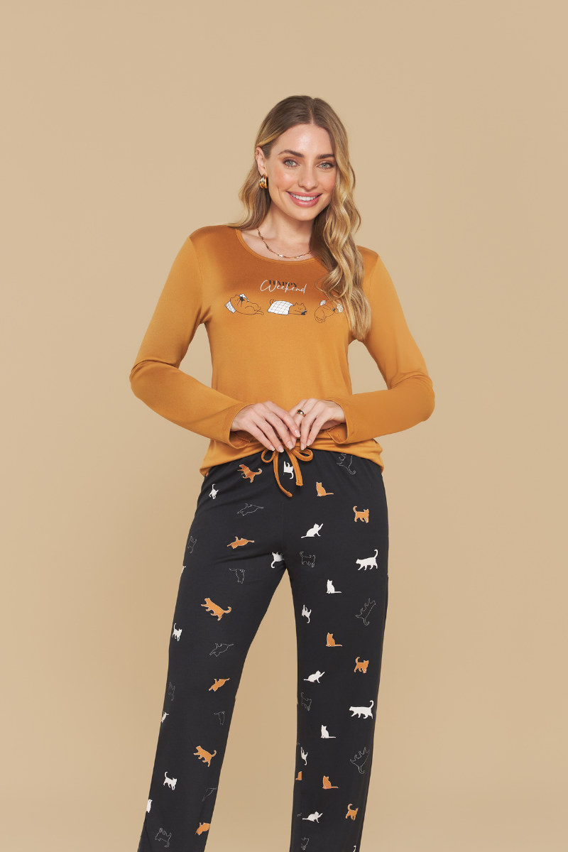 Pijama Jovial Manga Longa com Calça em Malha Peletizada Cats – Sensare® 140173