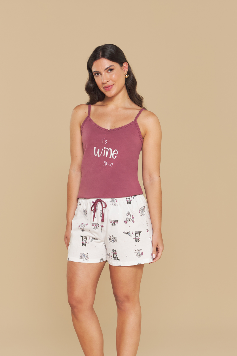 Pijama Jovial de Alça com Short em Algodão Dog e Vinho – Sensare® 130305