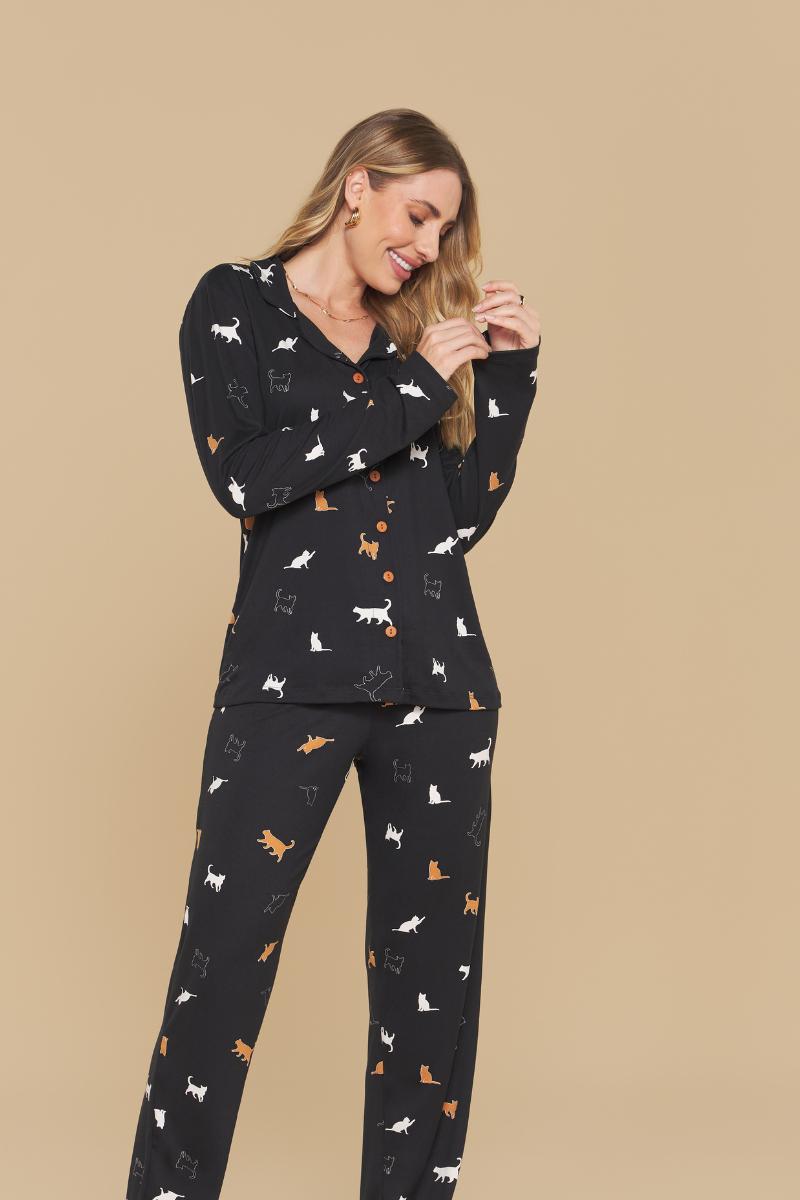 Pijama Jovial Americano Manga Longa com Calça em Malha Peletizada Cats – Sensare® 140272