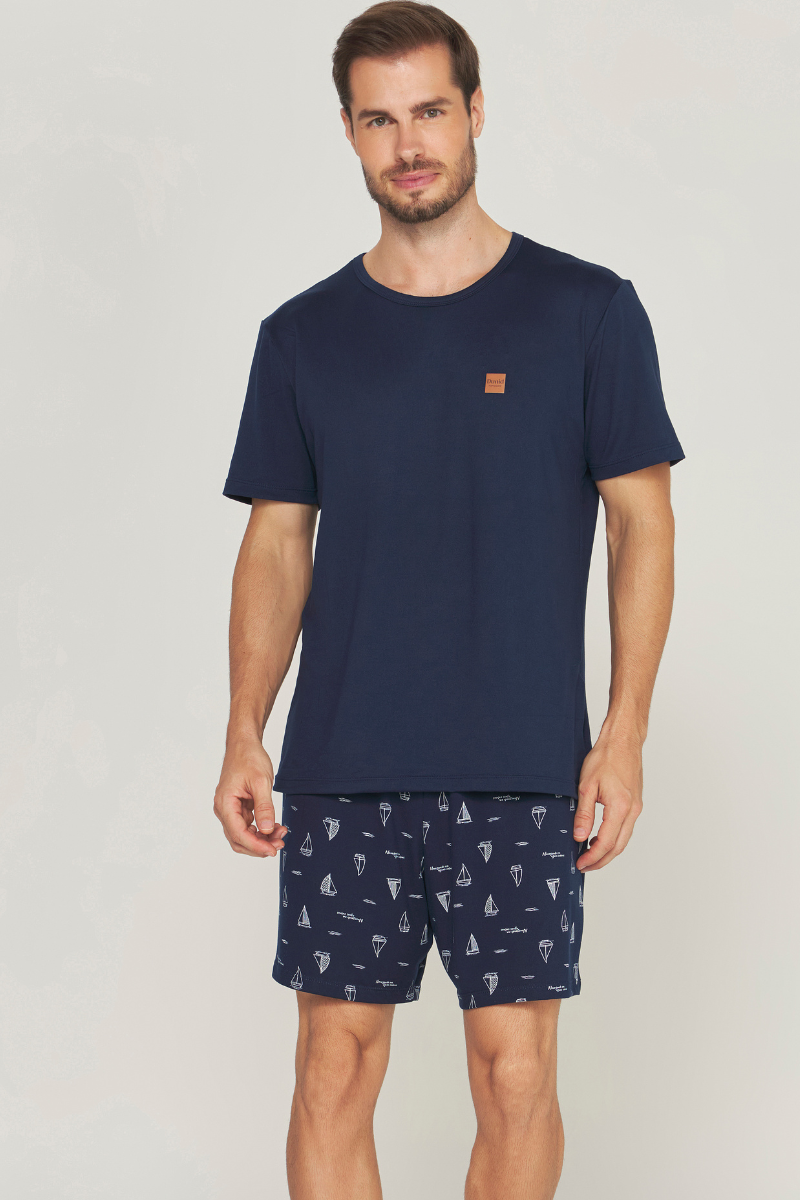 Pijama Masculino Meia Manga com Bermuda Peach Touch Marinho – Dunid® 01.1.0406