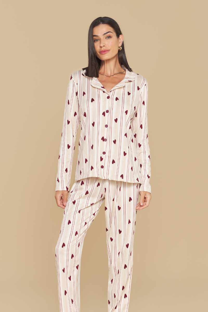 Pijama Jovial Americano Manga Longa com Calça em Malha Peletizada Peluciada Heart Corações – Sensare® 140147