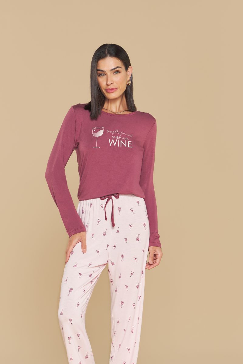 Pijama Jovial Manga Longa com Calça em Viscolycra Wine – Sensare® 140209