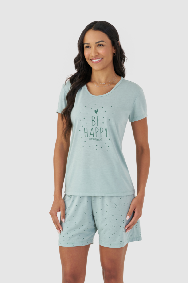 Pijama Básico Meia Manga com Bermudoll em Meia Malha Be Happy – Mensageira da Paz® 033496