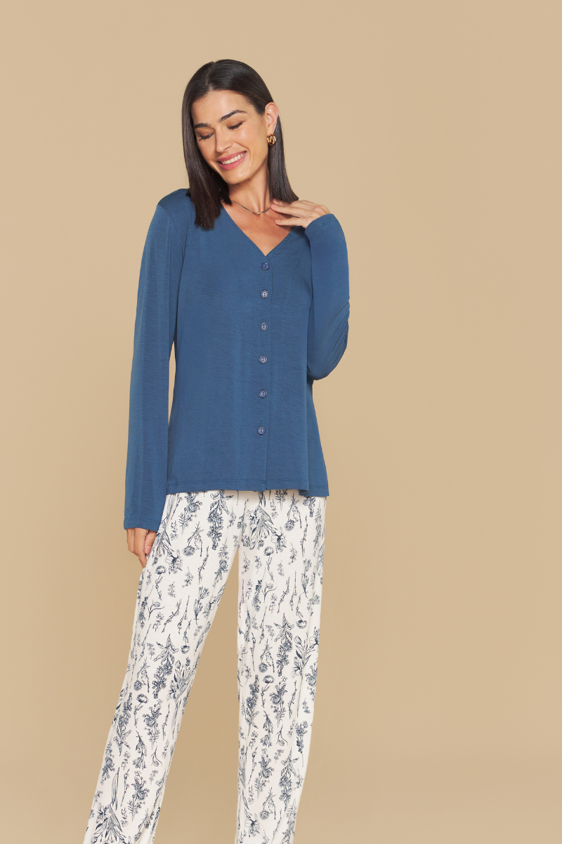 Pijama Senhora Manga Longa com Calça Aberto em Viscolycra Floral – Sensare® 140184