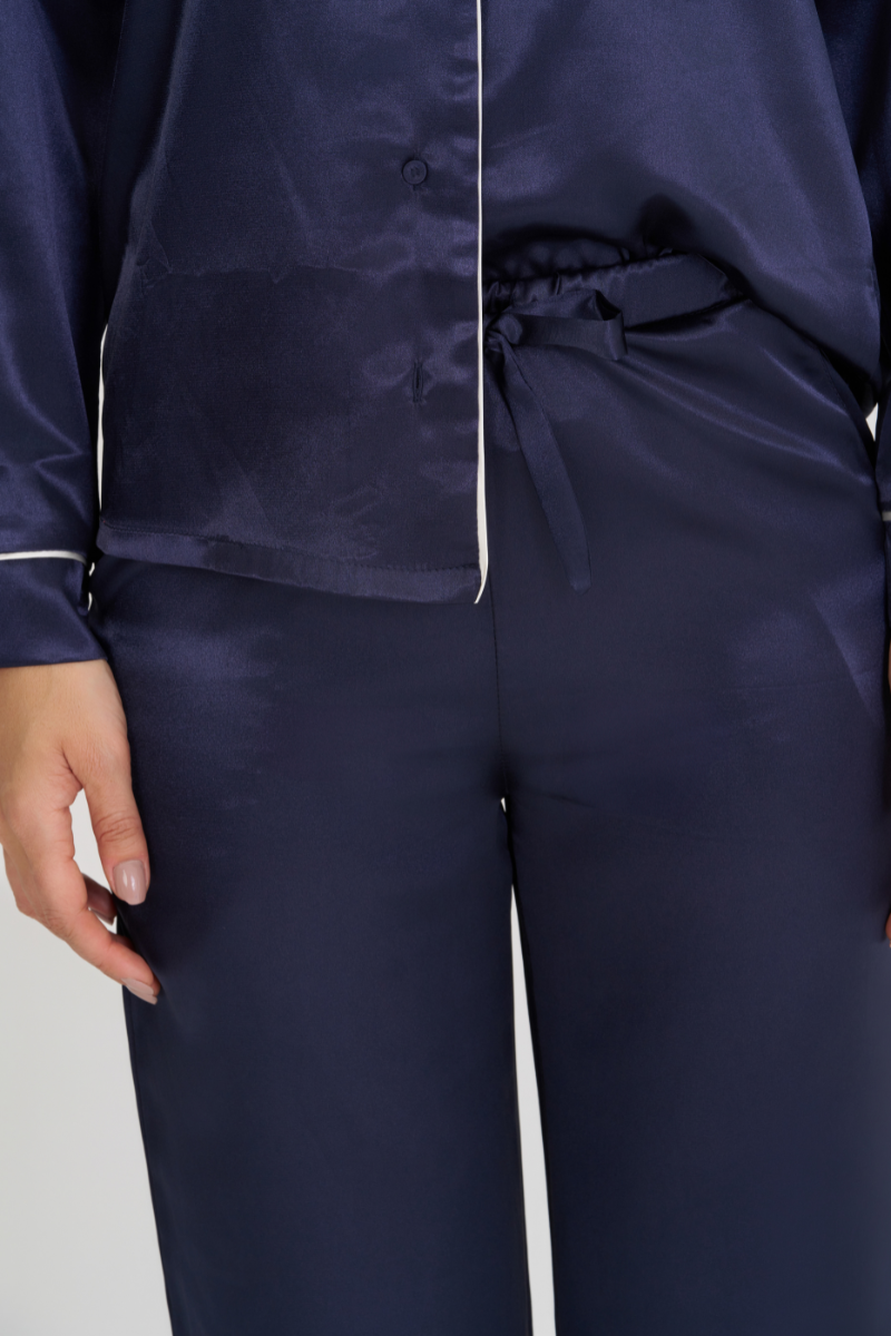 Pijama Americano Manga Longa com Calça em Cetim Glamour Azul Marinho – Mensageiro dos Sonhos® 0141536