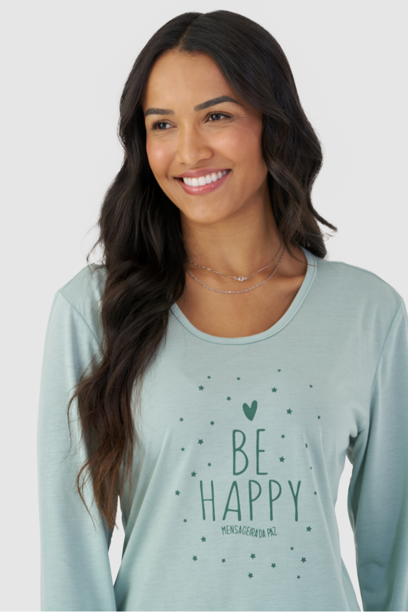 Pijama Básico Manga Longa com Calça em Meia Malha Be Happy Verde Suave – Mensageira da Paz® 034187