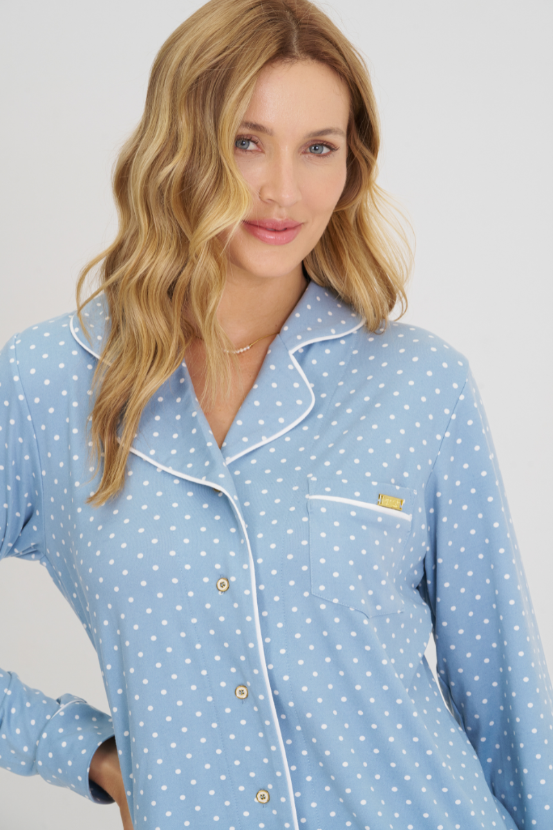 Pijama Básico Americano Manga Longa com Calça Touch Dreams Amanhecer Poá Azul Claro – Mensageiro dos Sonhos® 0141538