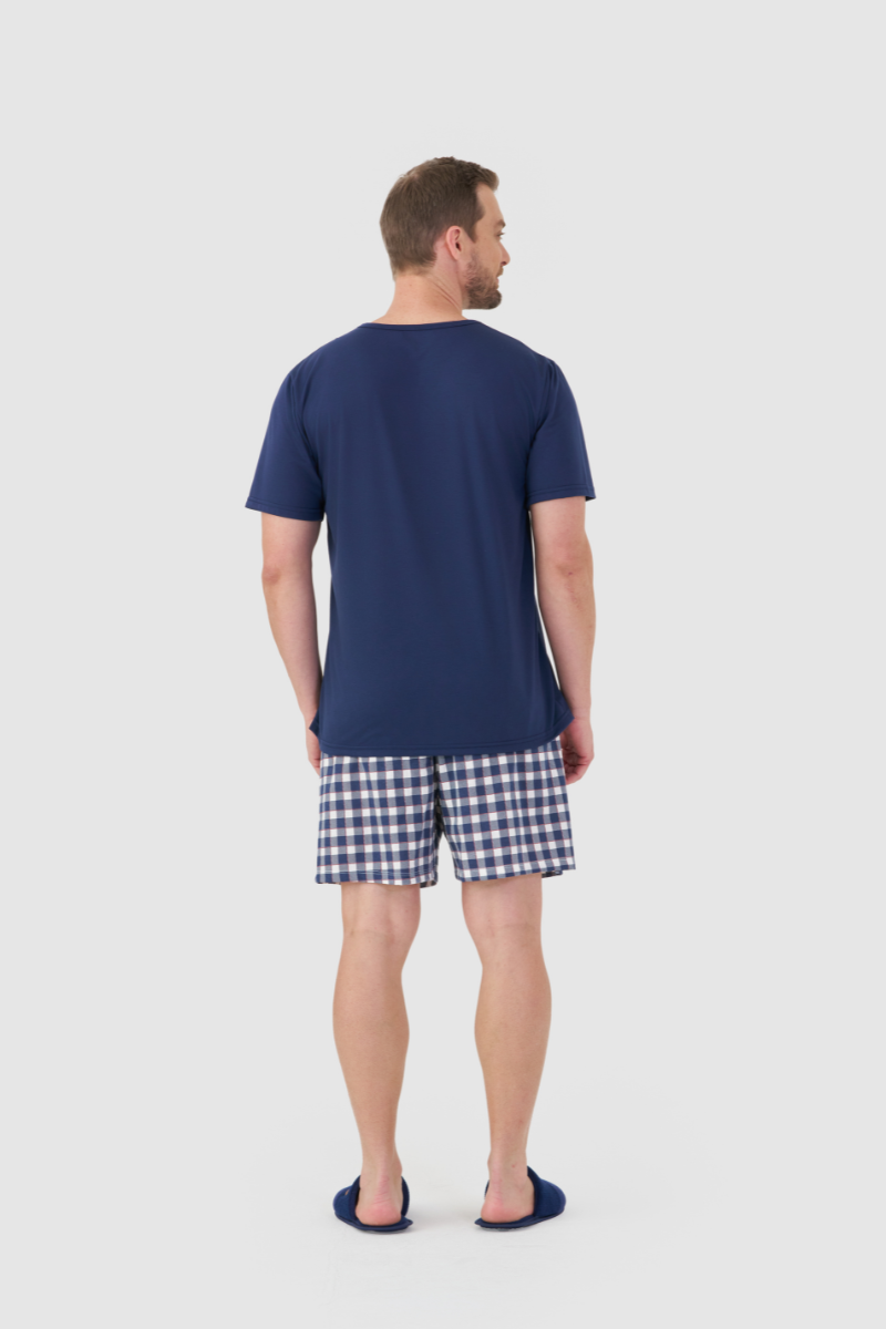 Pijama Masculino Meia Manga com Bermuda em Meia Malha Xadrez Marinho – Mensageira da Paz® 033500