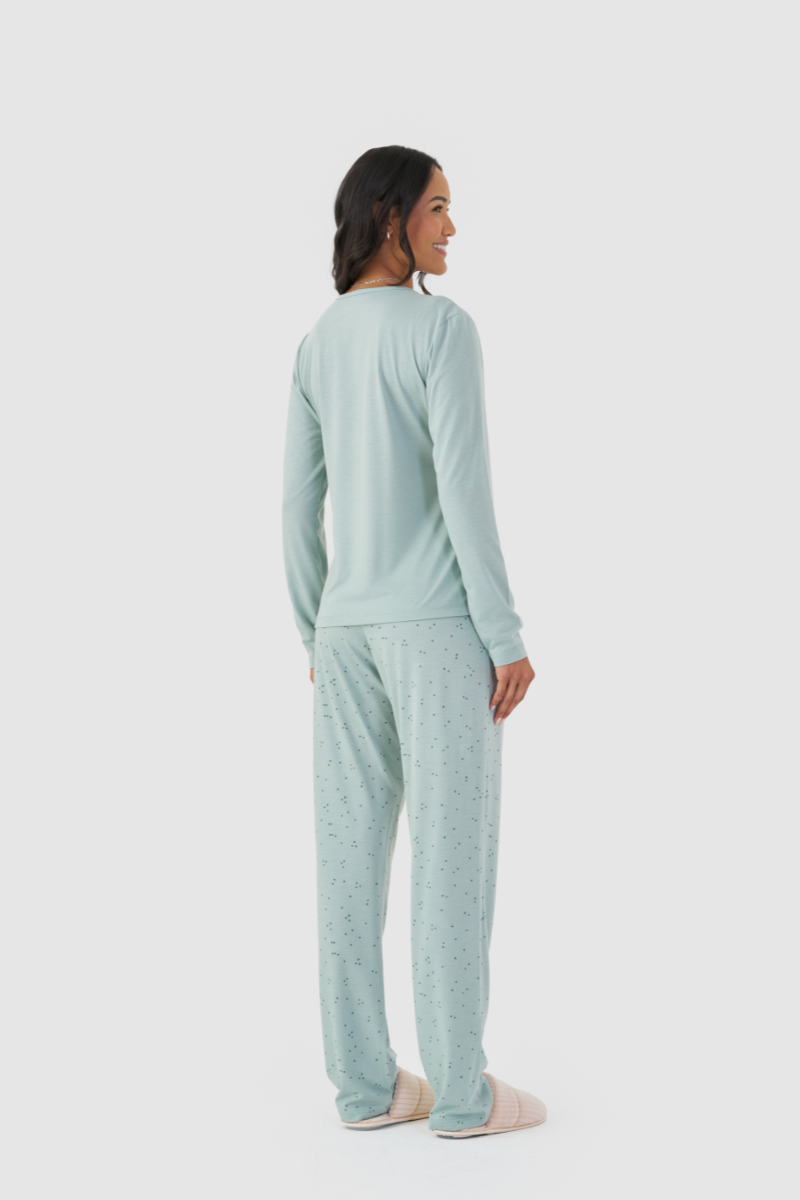 Pijama Básico Manga Longa com Calça em Meia Malha Be Happy Verde Suave – Mensageira da Paz® 034187