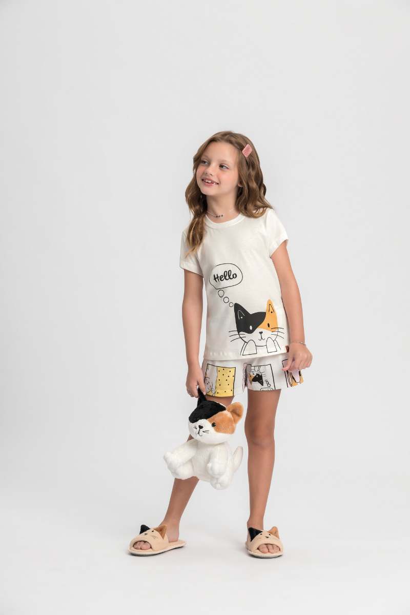 Pijama Infantil Meia Manga com Short Algodão Meow Kitty – Mensageiro dos Sonhos® 0132136