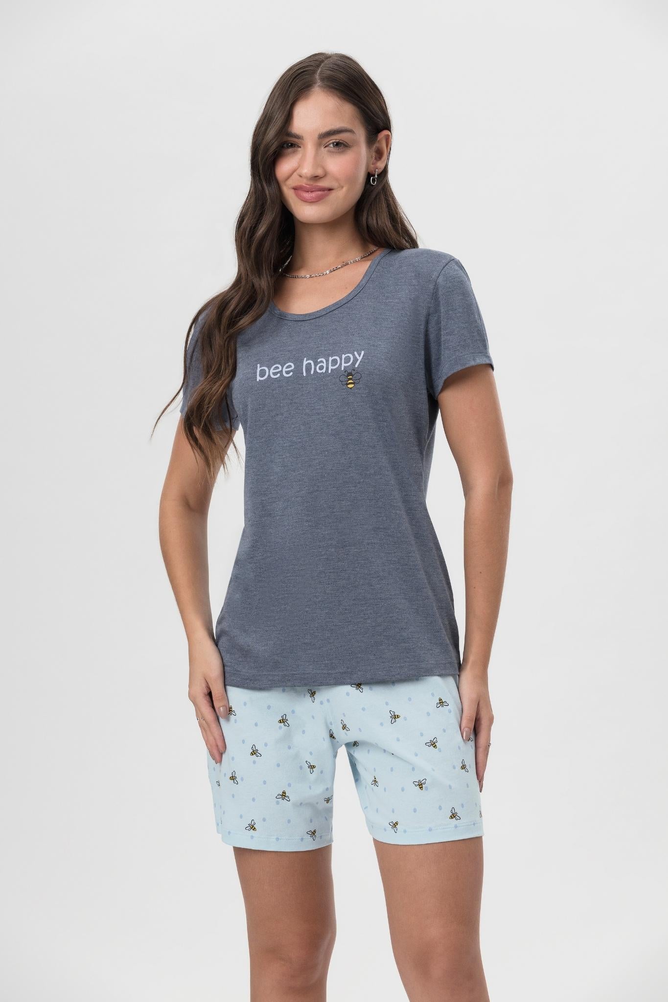 Pijama Regata com Short 1/2 Malha Bee Happy – Mensageiro da Paz® 033449