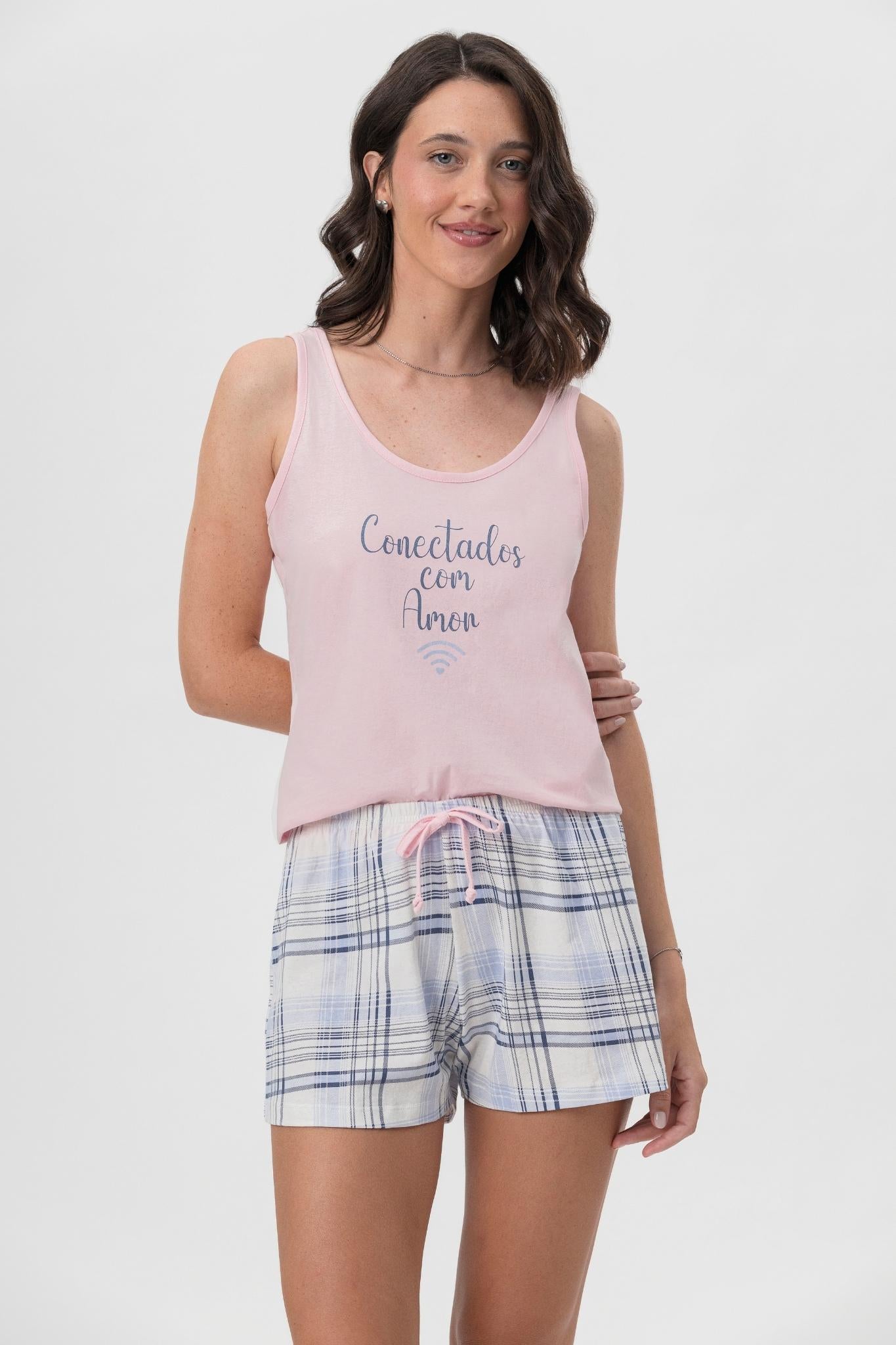 Pijama Feminino Manga Curta com Short em Meia Malha Conectado com Você – Mensageira da Paz® 033475