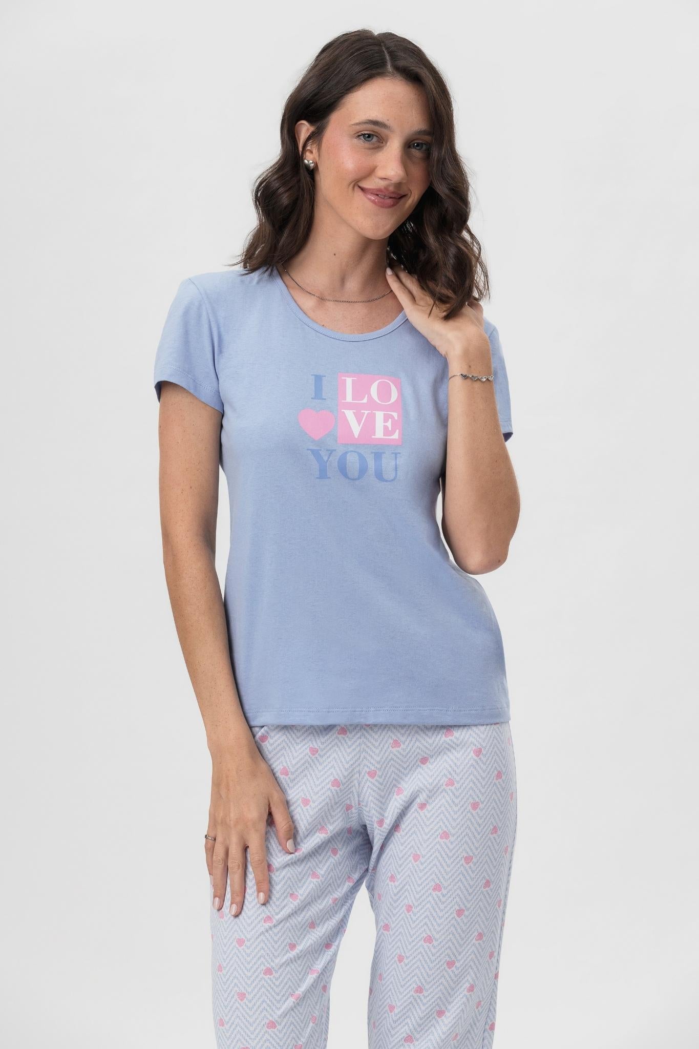 Pijama Feminino Manga Curta com Calça em Meia Malha Love You – Mensageira da Paz® 034169