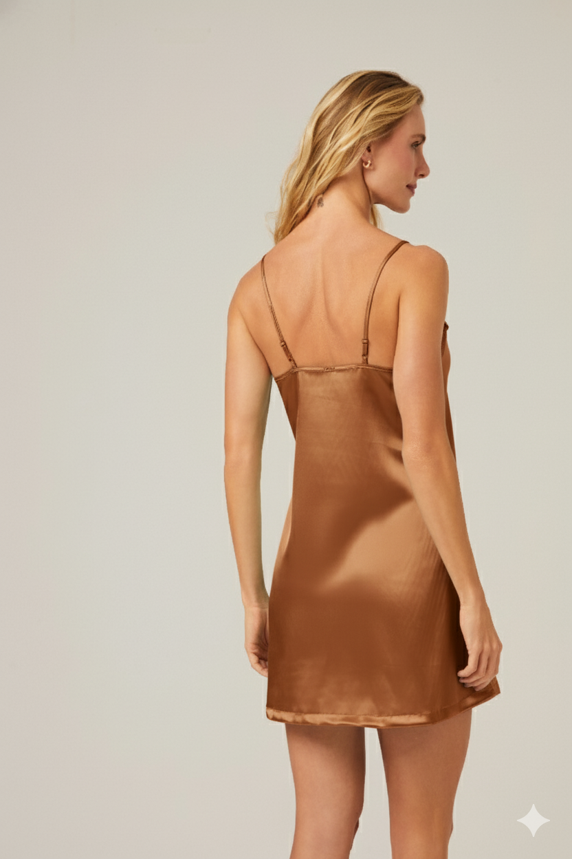 Camisola Curta em Cetim com Renda – Liebe® 136121 - CARAMELO