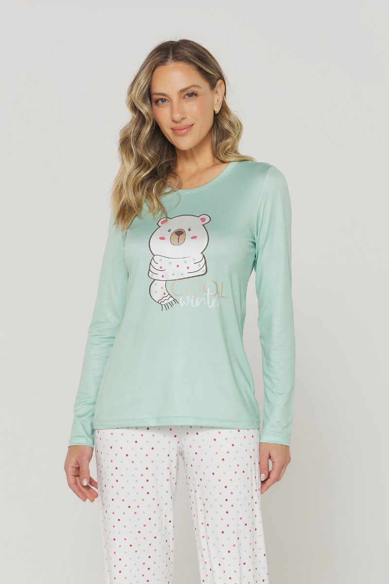 Pijama Manga Longa com Calça Urso Verde – Danka® 01.2.0354