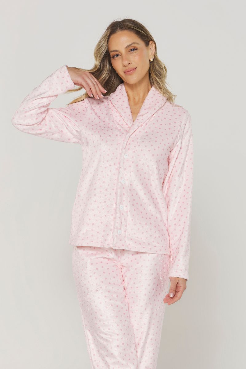 Pijama Americano Manga Longa com Calça Poá Rosa Fleece – Danka® 01.2.0409