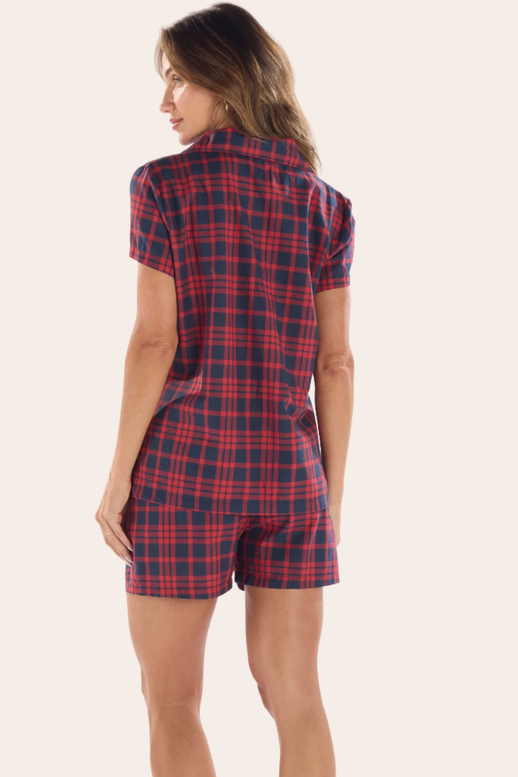 Pijama Básico Meia Manga Aberto com Bermuda Xadrez Vermelho e Azul – Pzama® 100273