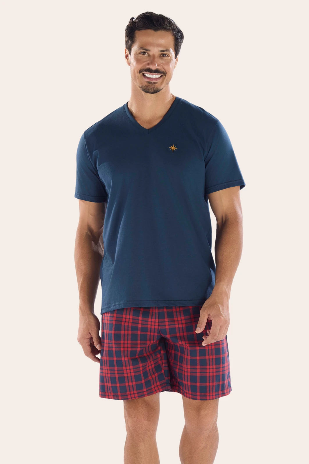 Pijama Masculino Meia Manga com Bermuda Xadrez Vermelho e Azul – Pzama® 060245