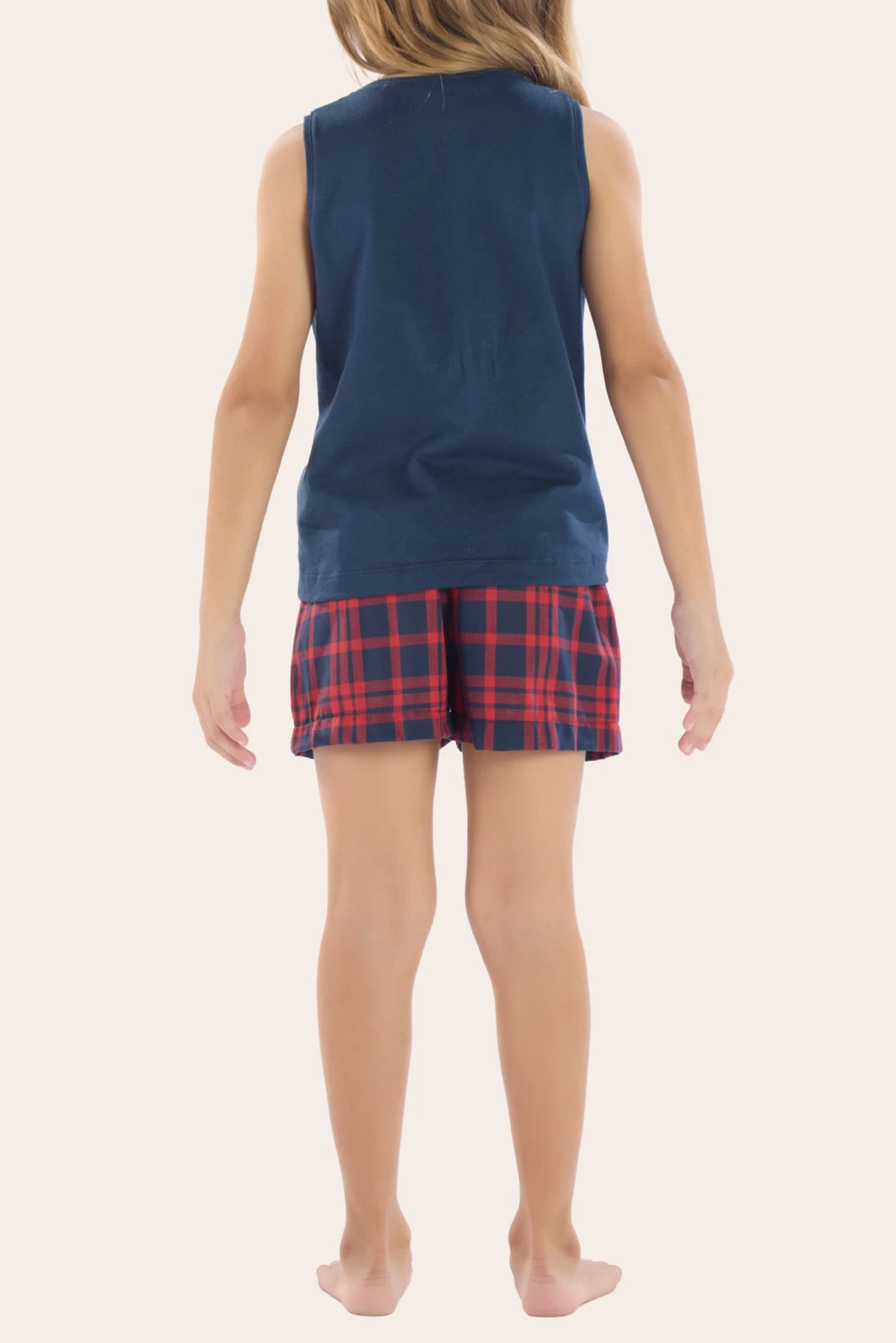 Pijama Feminino Infantil/Juvenil Regata com Short Xadrez Vermelho e Azul – Pzama® 080089