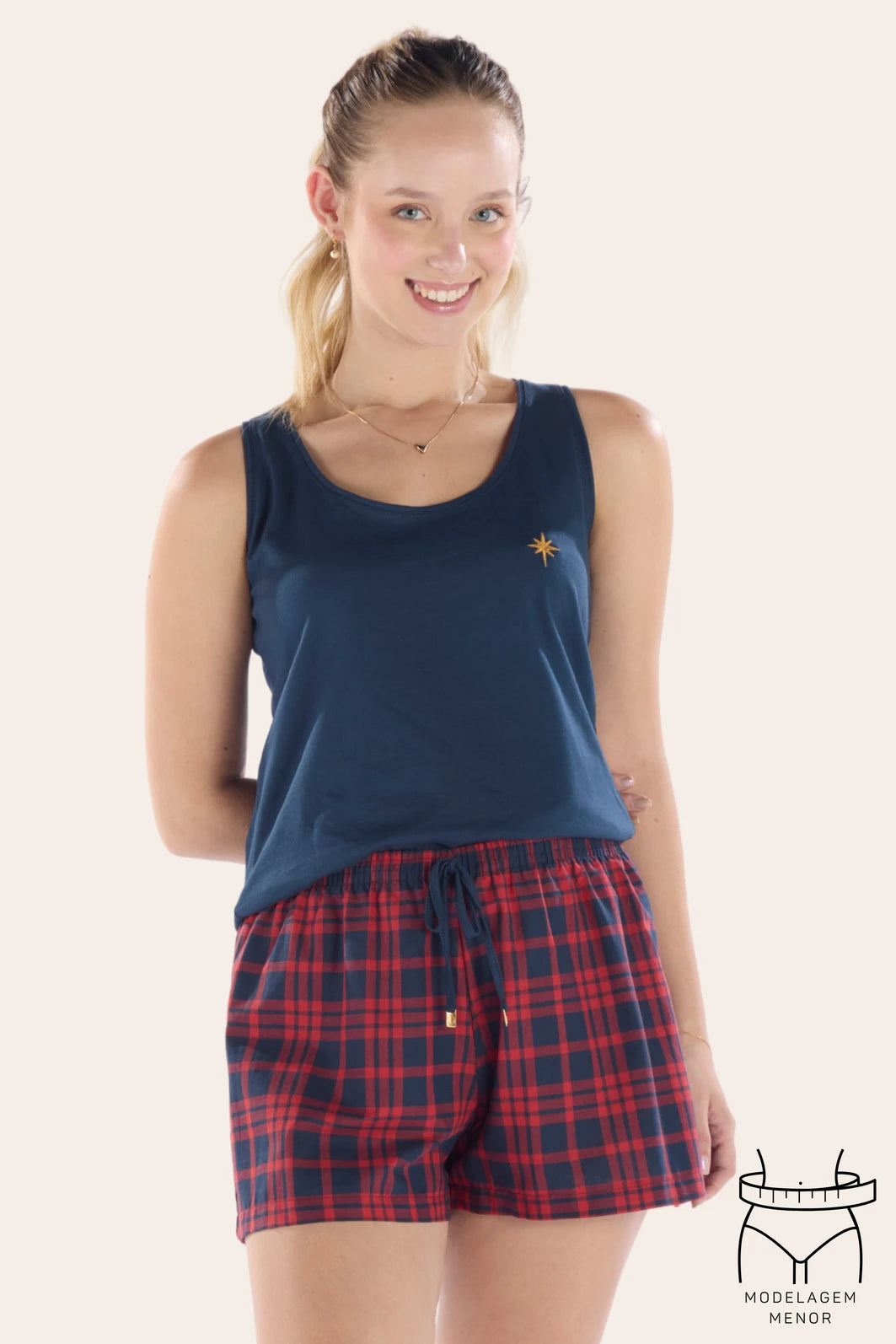 Pijama Regata com Short Xadrez Vermelho e Azul – Pzama® 040549